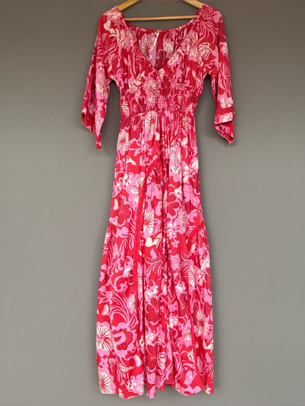 Free People Dixie Maxi Dress Ruby Combo Floral Smocked Pink XS Boho
